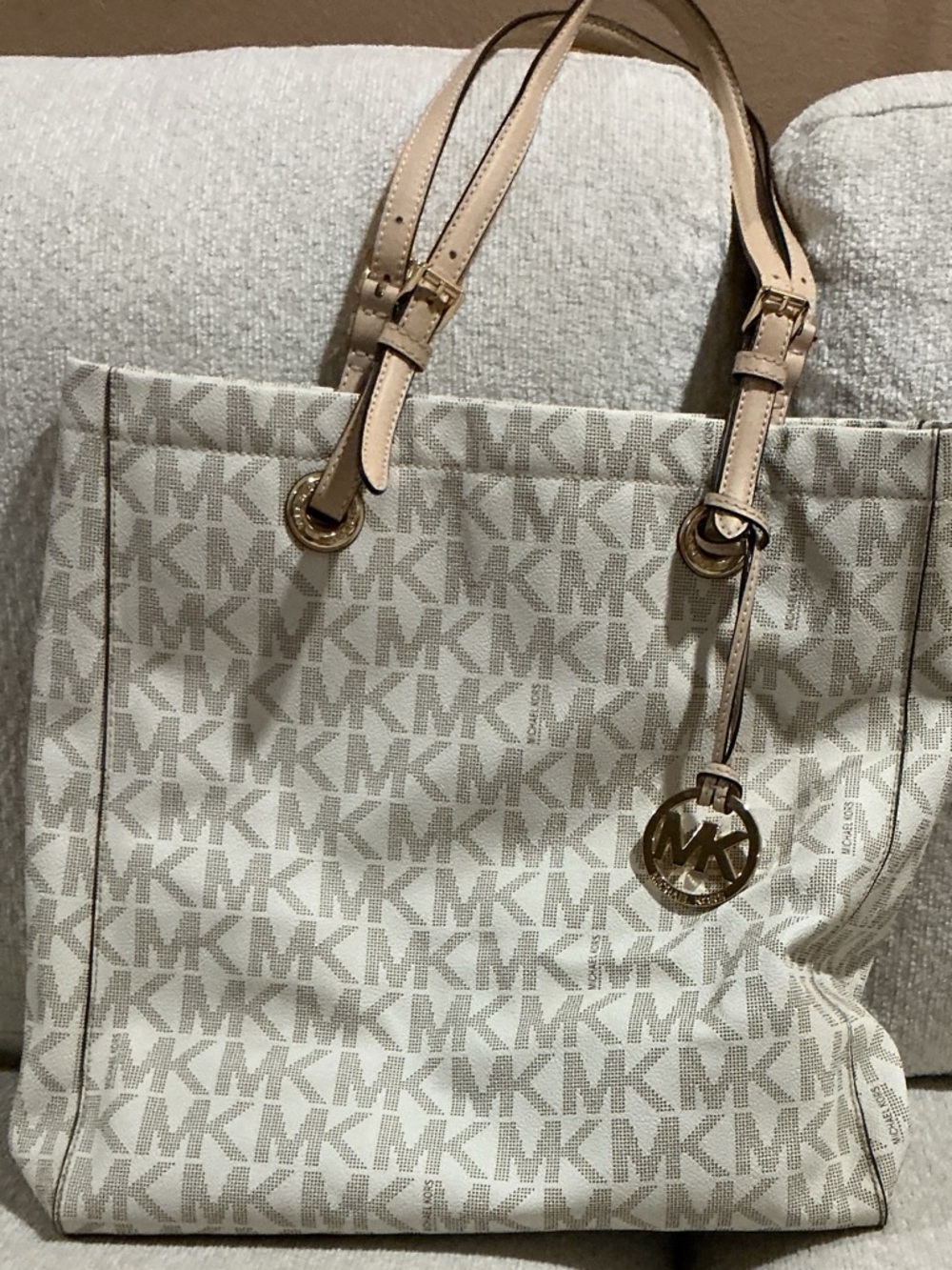 Michael Kors Cream & Taupe MK Logo Tote with Gold Charm